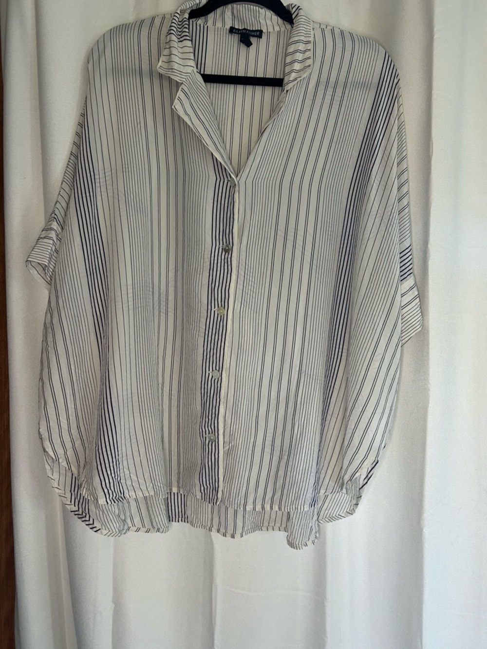 Eileen Fisher Silk Blue & White Striped Button Up Sheer Top FLAWED